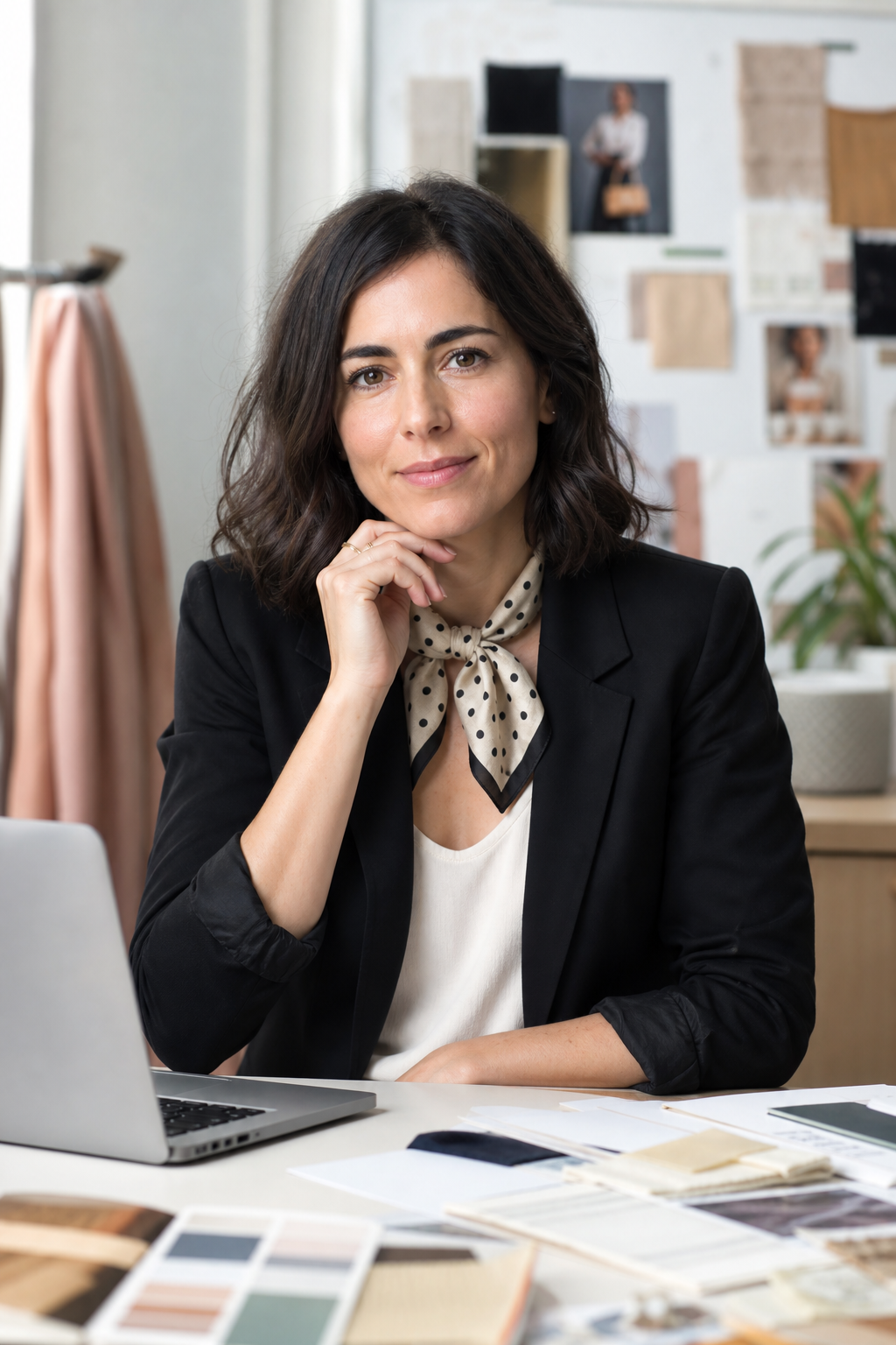 Retrato editorial de Irene Castell en una mesa de trabajo con muestras textiles