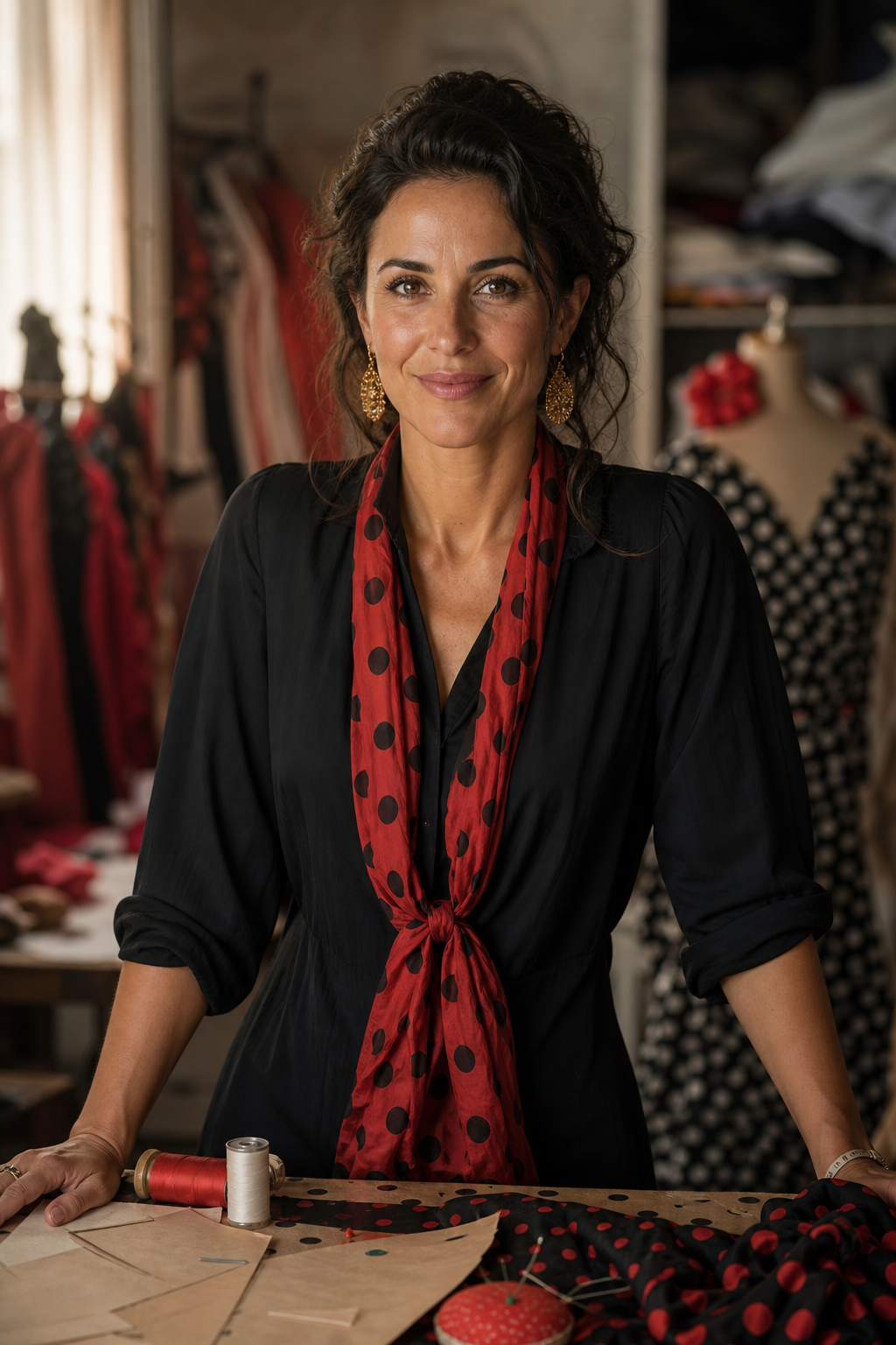 Retrato editorial de Rocío Montes en un taller de costura flamenca