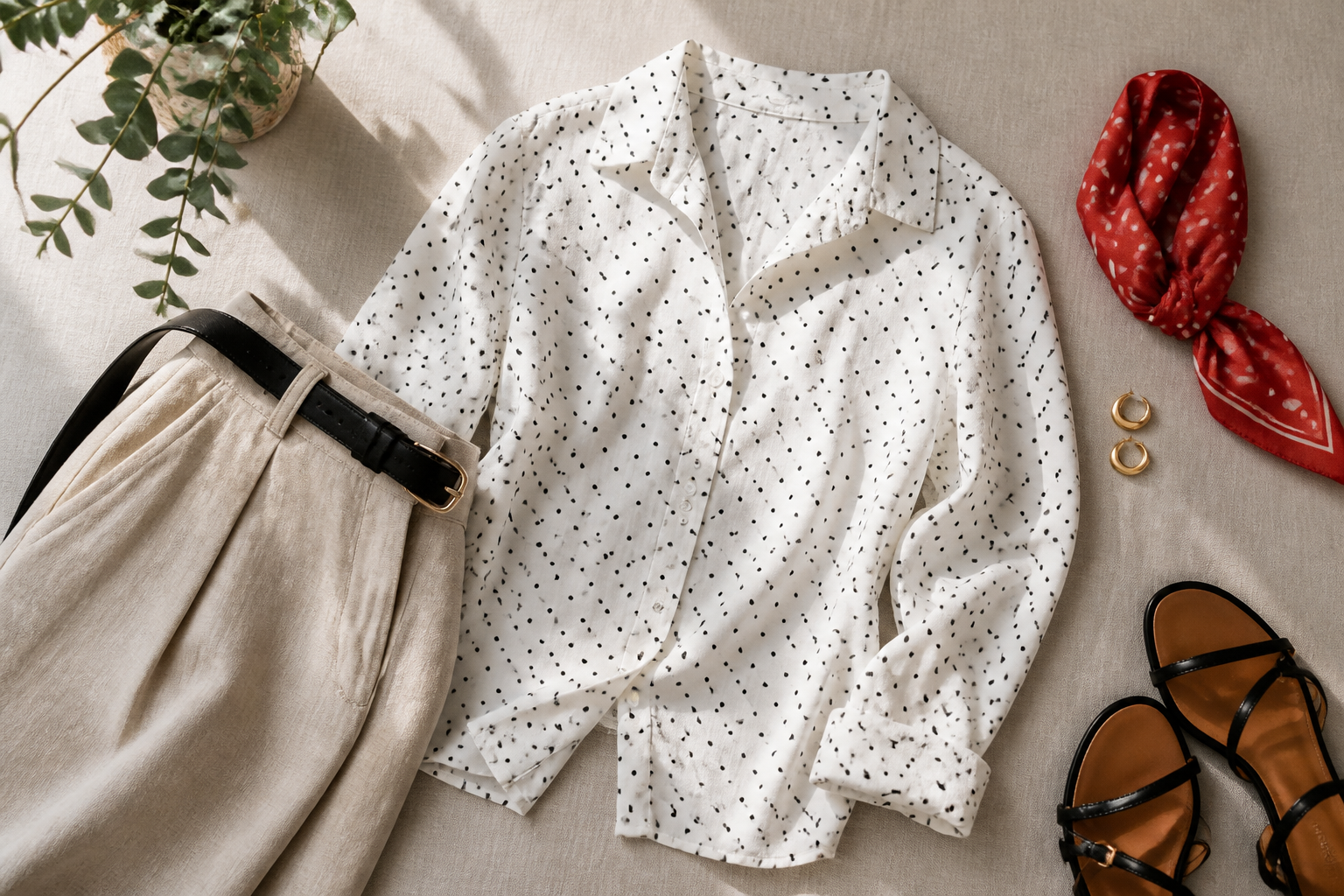 Conjunto de ropa con camisa de lunares y accesorios neutros