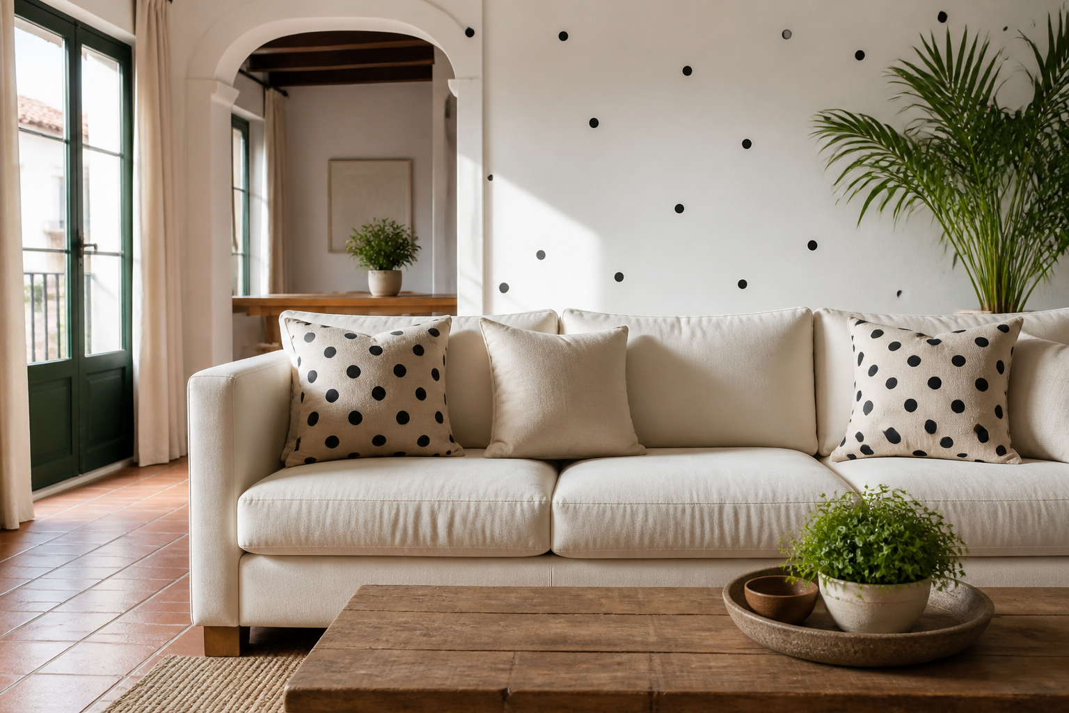 Salón claro con cojines de lunares y pared decorada con puntos negros