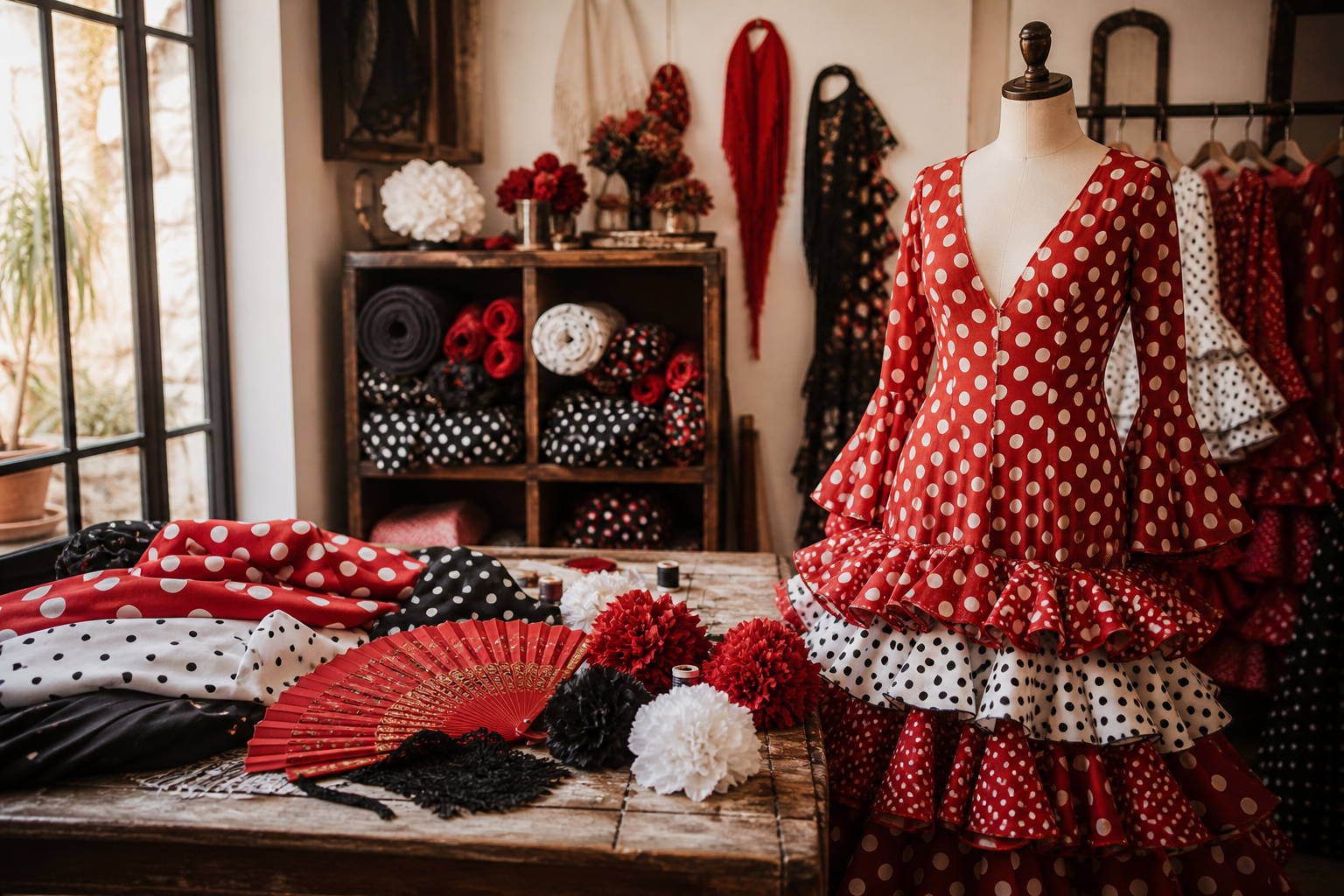 Taller de flamenca con vestido, telas, abanico y flores de lunares