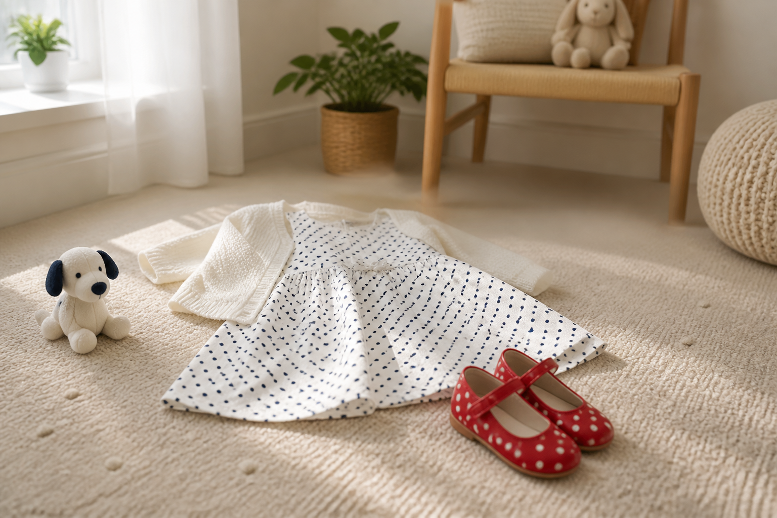 Vestido infantil blanco con lunares y zapatos rojos de lunares en una habitación luminosa