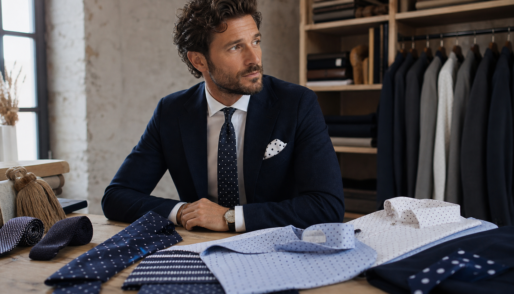 Hombre con traje azul marino, corbata y pañuelo de lunares en un estudio de sastrería