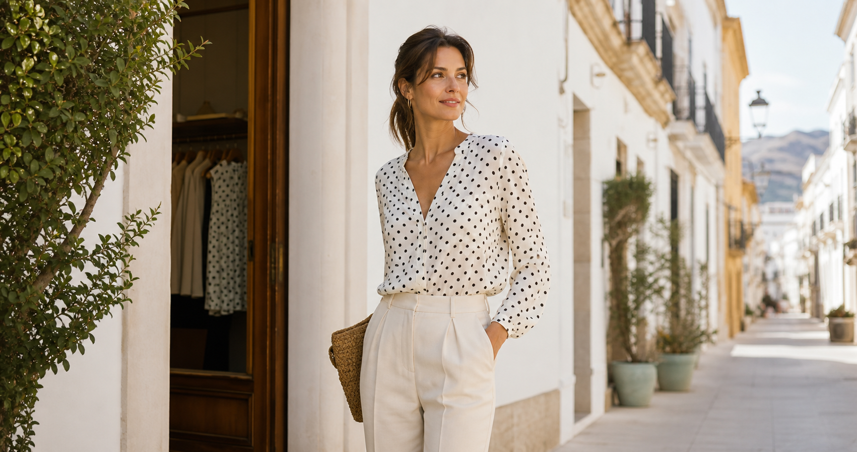 Mujer con blusa blanca de lunares negros en una calle mediterránea