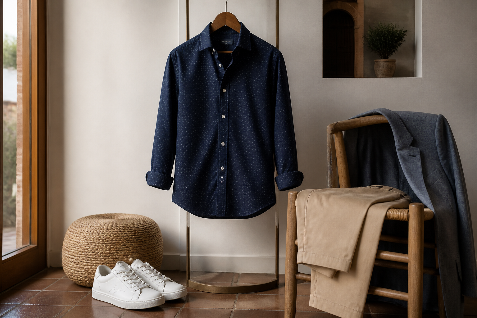 Camisa azul marino de microtopos combinada con chinos, americana y zapatillas blancas