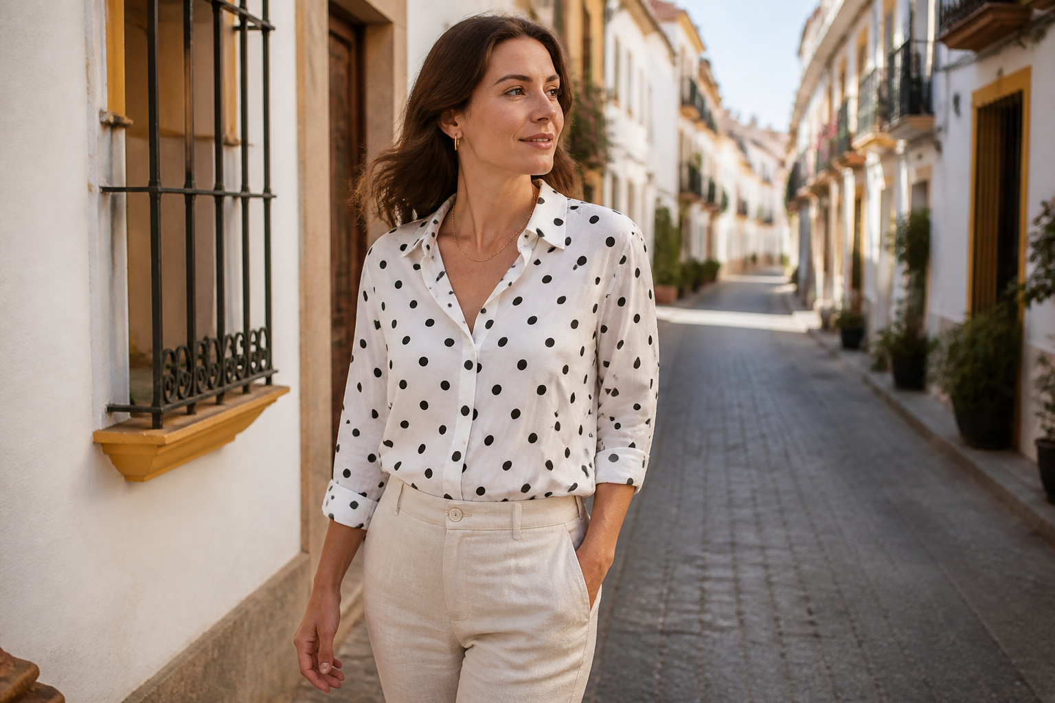 Mujer con camisa blanca de lunares negros y pantalón de lino en una calle española