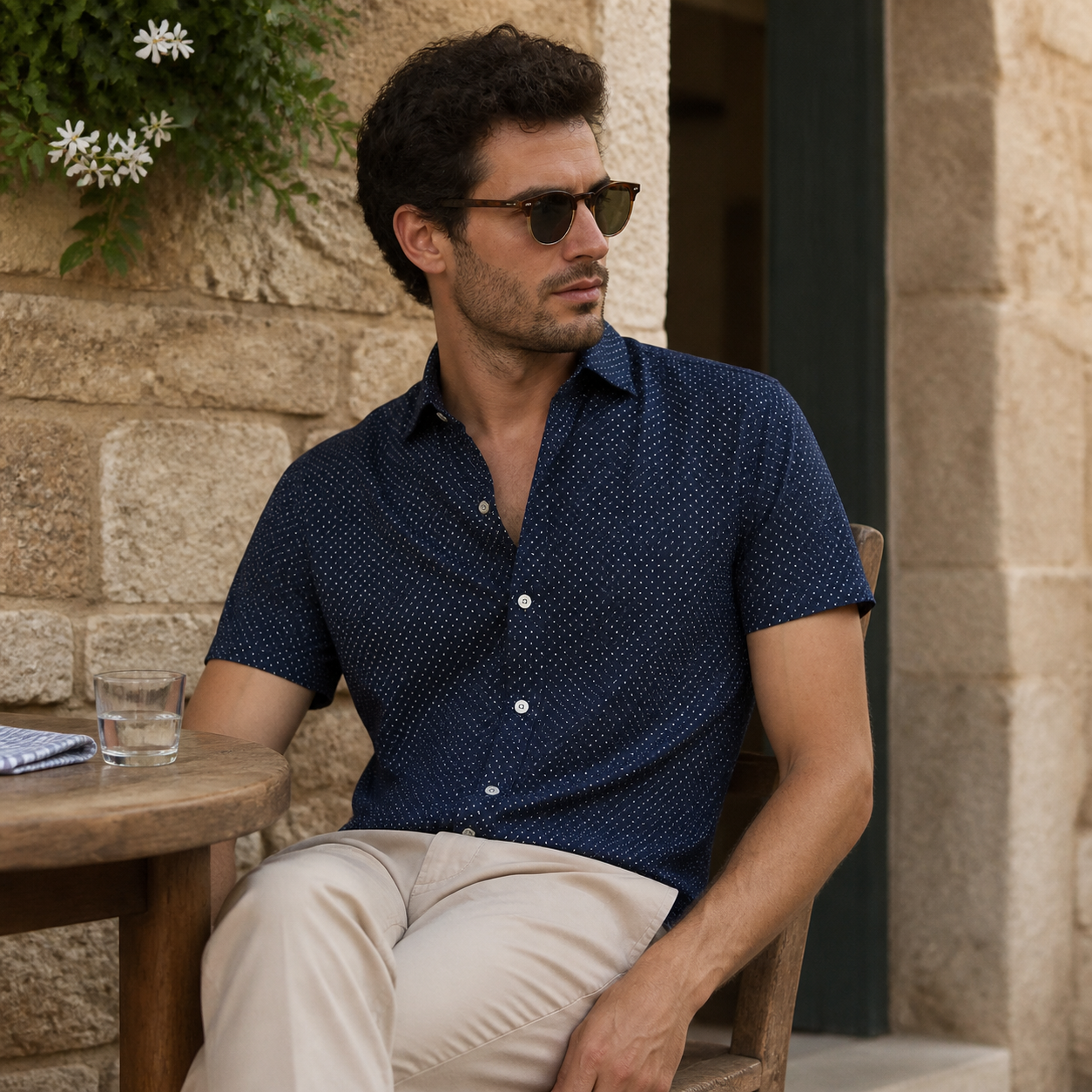Hombre con camisa azul marino de manga corta y micro lunares en una terraza mediterránea