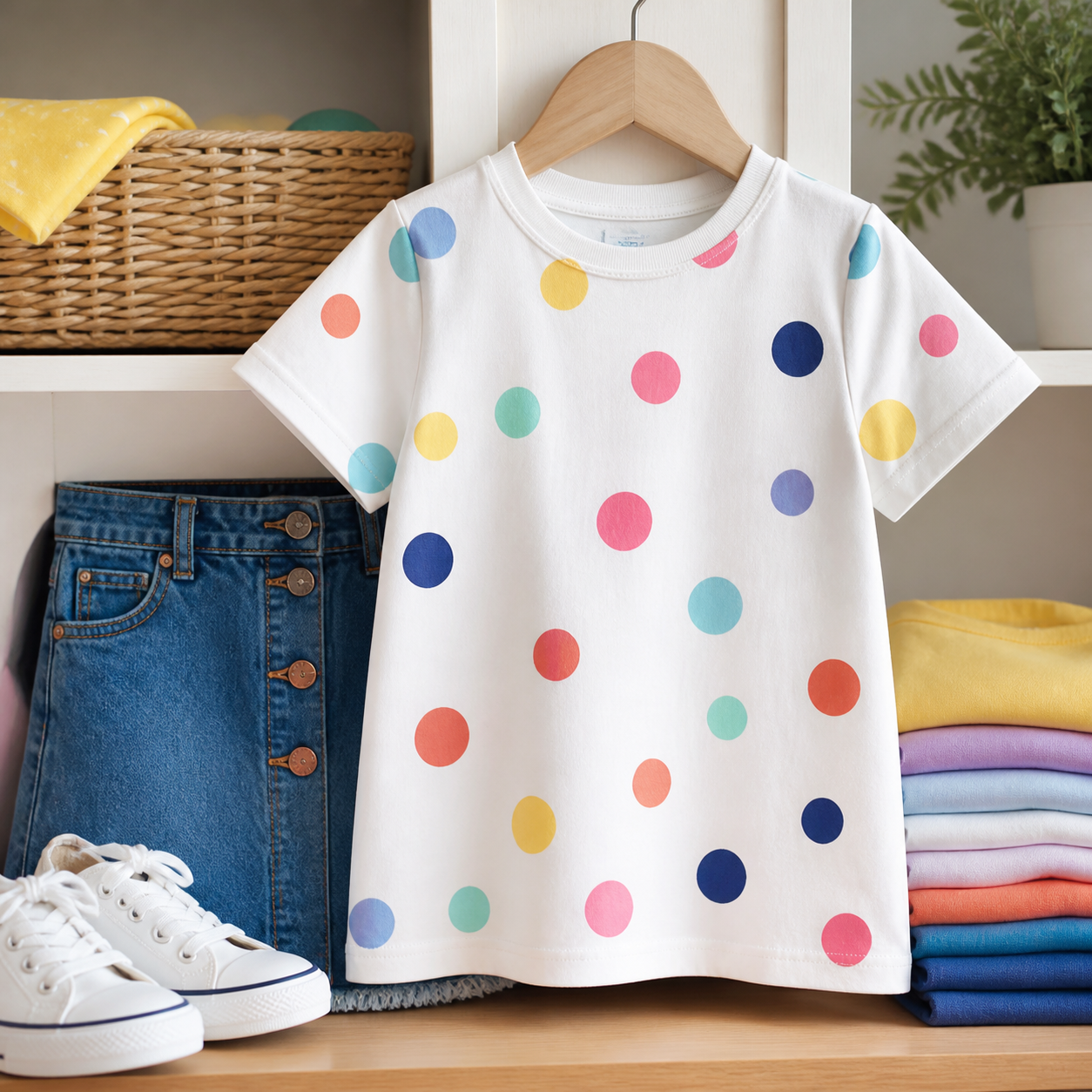 Camiseta infantil blanca con lunares de colores combinada con falda vaquera