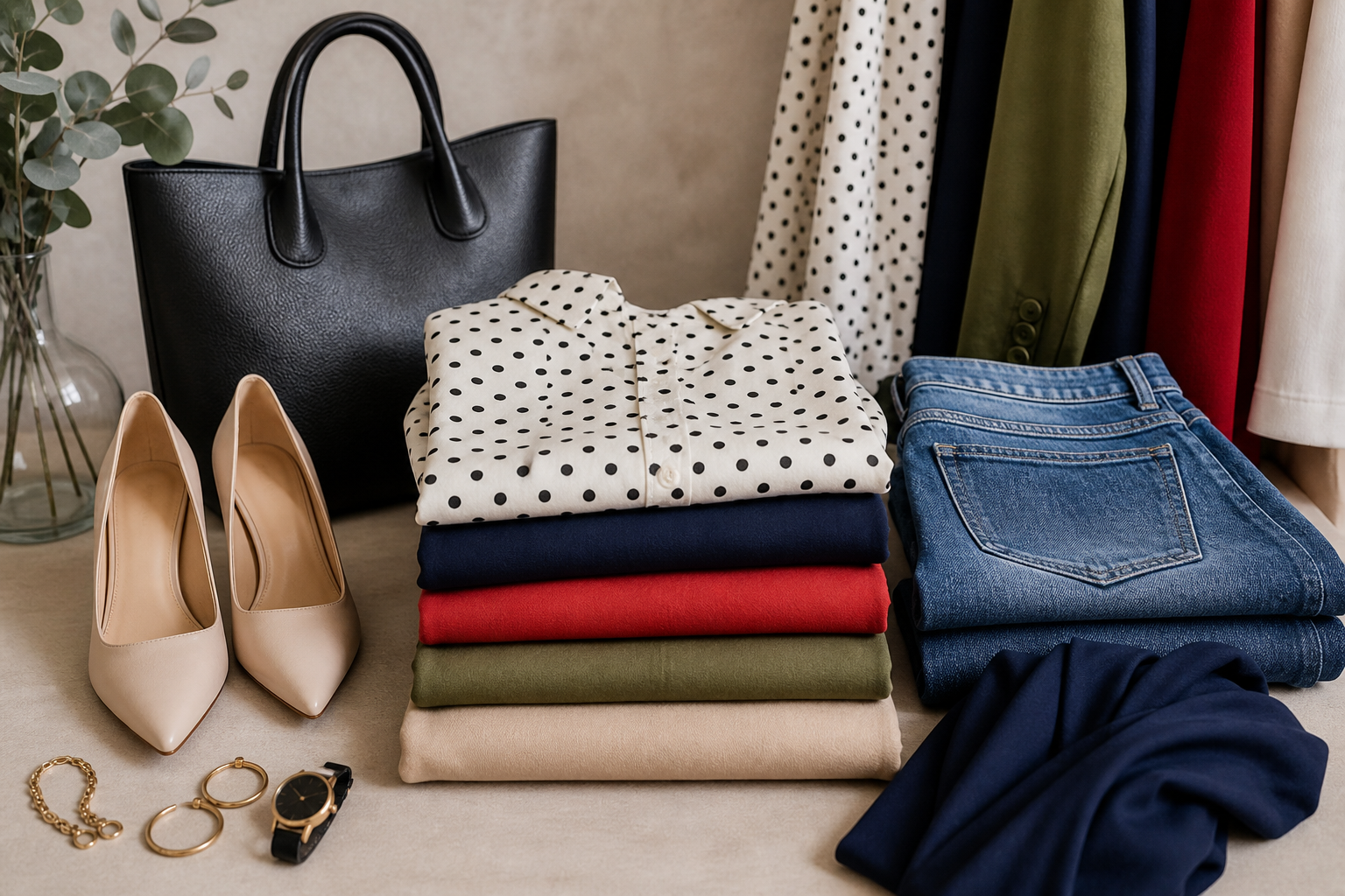 Prendas y accesorios en negro, beige, denim, rojo, verde oliva y lunares blancos y negros