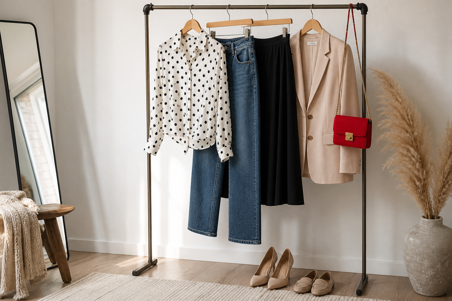 Perchero con blusa de lunares, vaqueros, falda midi, americana beige y bolso rojo