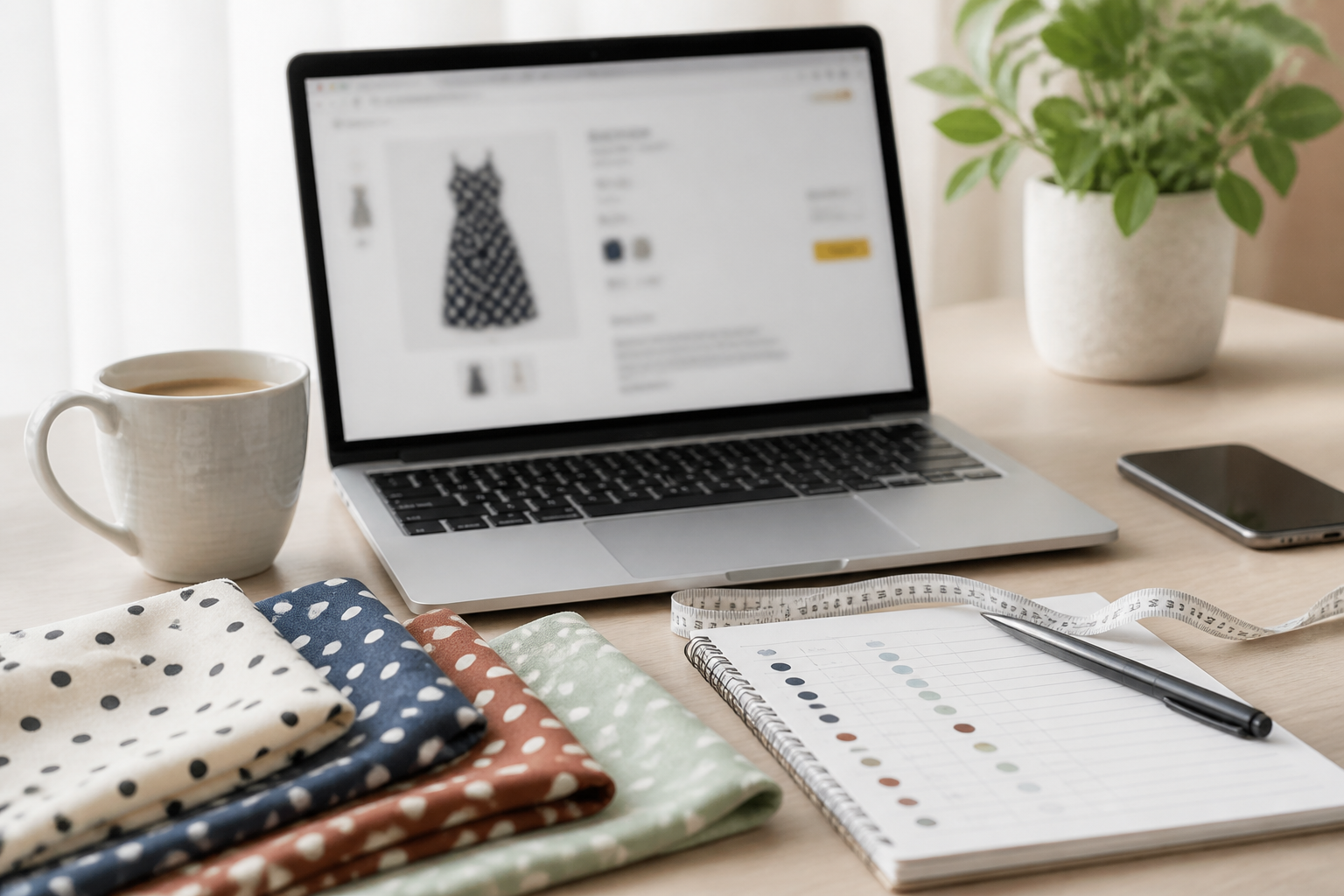 Mesa de compra online con portátil desenfocado, muestras de tela de lunares y libreta de comparación
