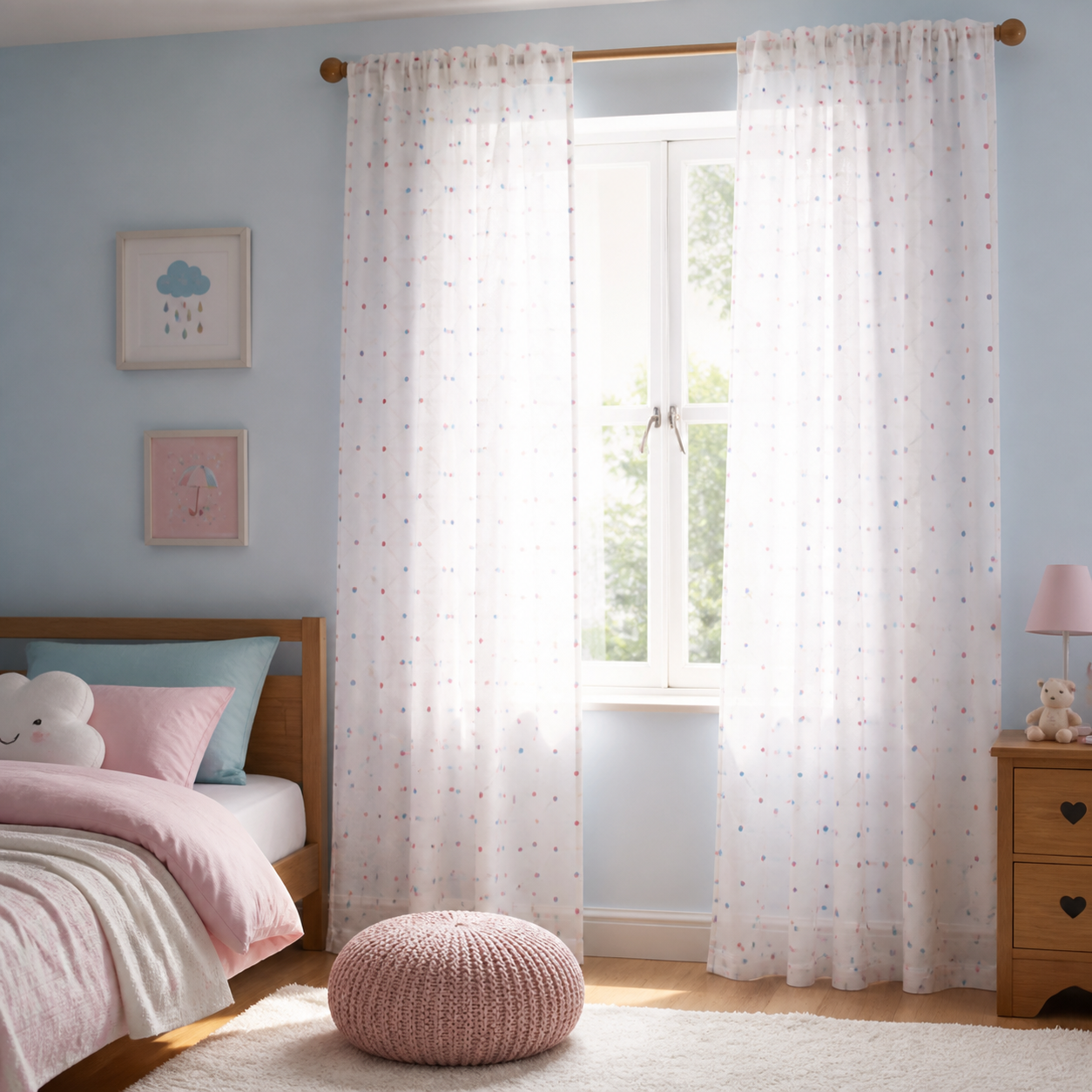 Cortinas infantiles blancas con pequeños lunares de colores filtrando la luz