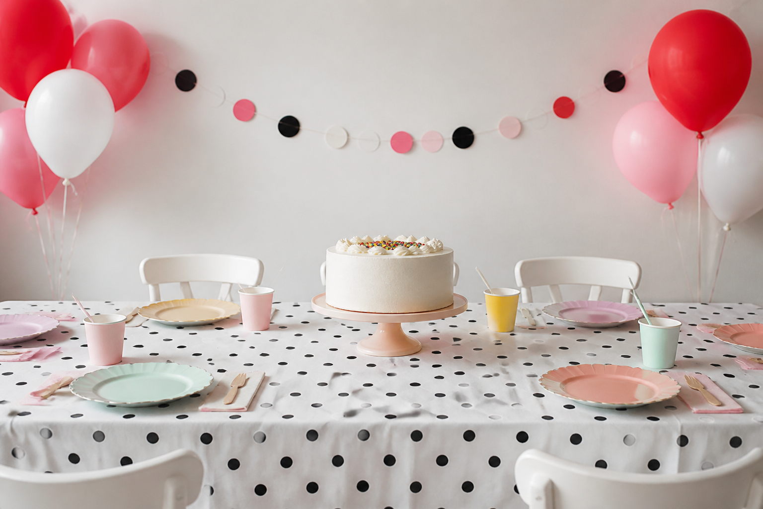 Mesa de cumpleaños con mantel de lunares, globos rojos y rosas y platos de colores suaves