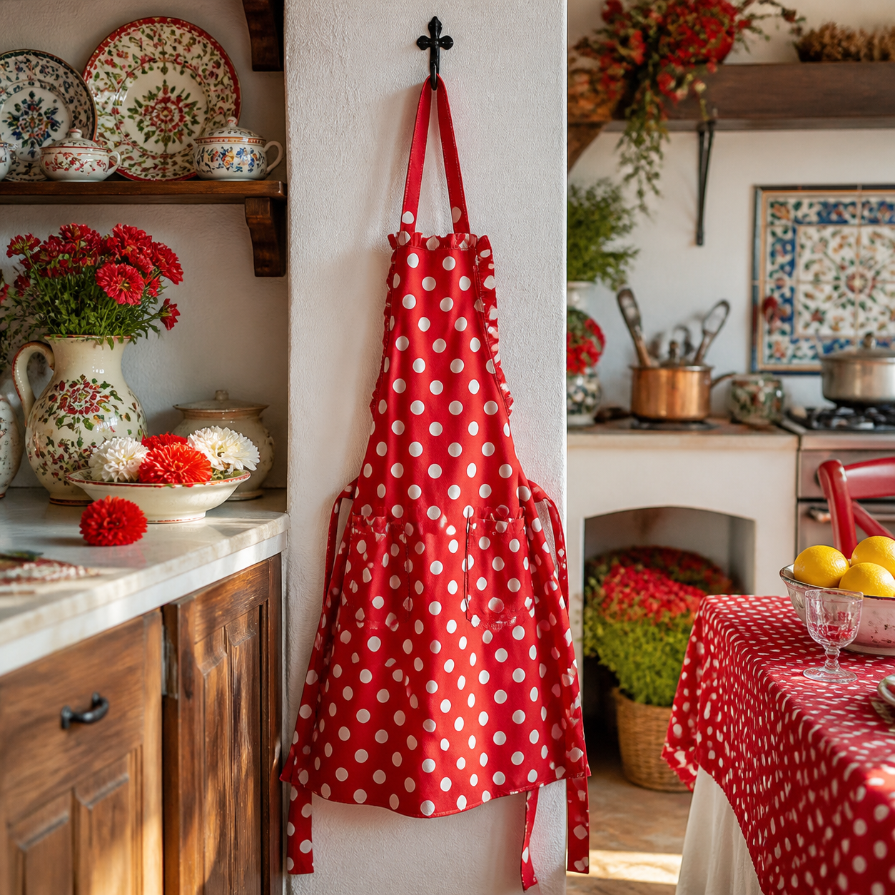 Delantal rojo de lunares blancos colgado en una cocina española preparada para feria