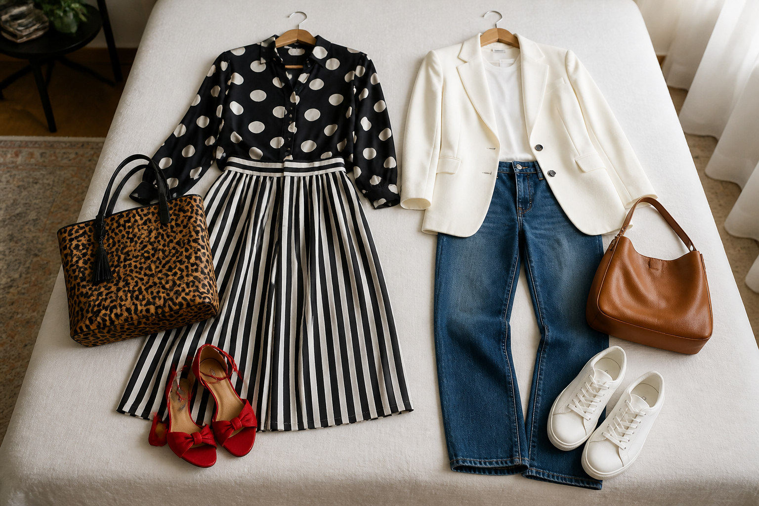 Dos combinaciones de ropa sobre una cama comparando un look recargado y otro sobrio con lunares
