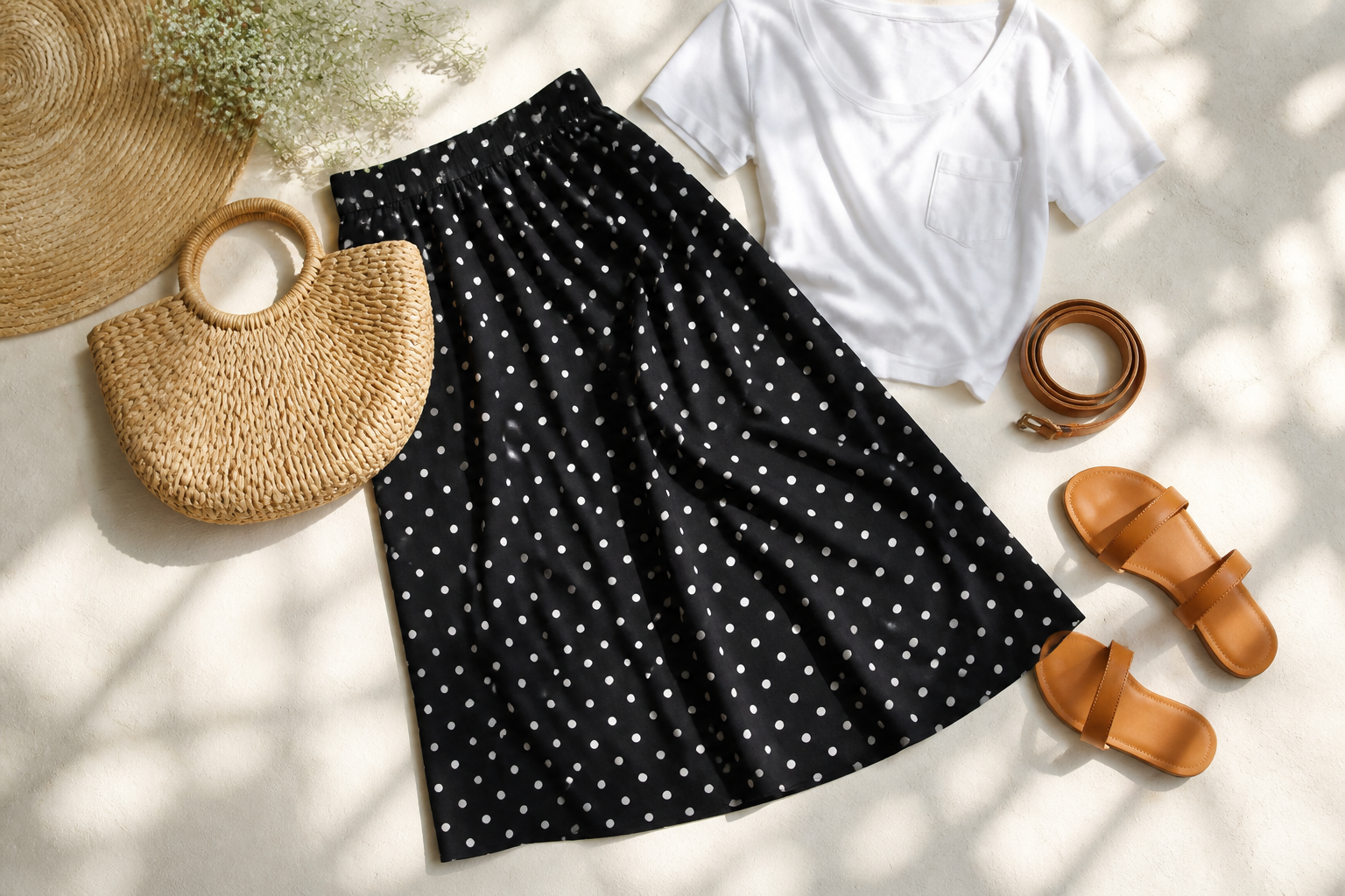 Falda midi negra de lunares blancos combinada con camiseta blanca y sandalias