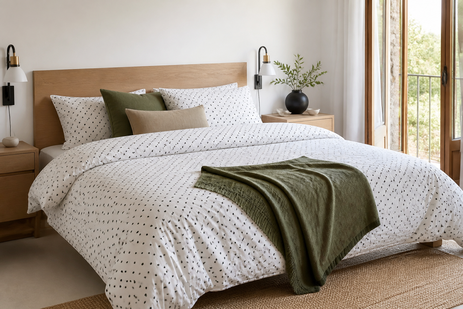 Dormitorio luminoso con funda nórdica blanca de pequeños lunares negros y manta verde