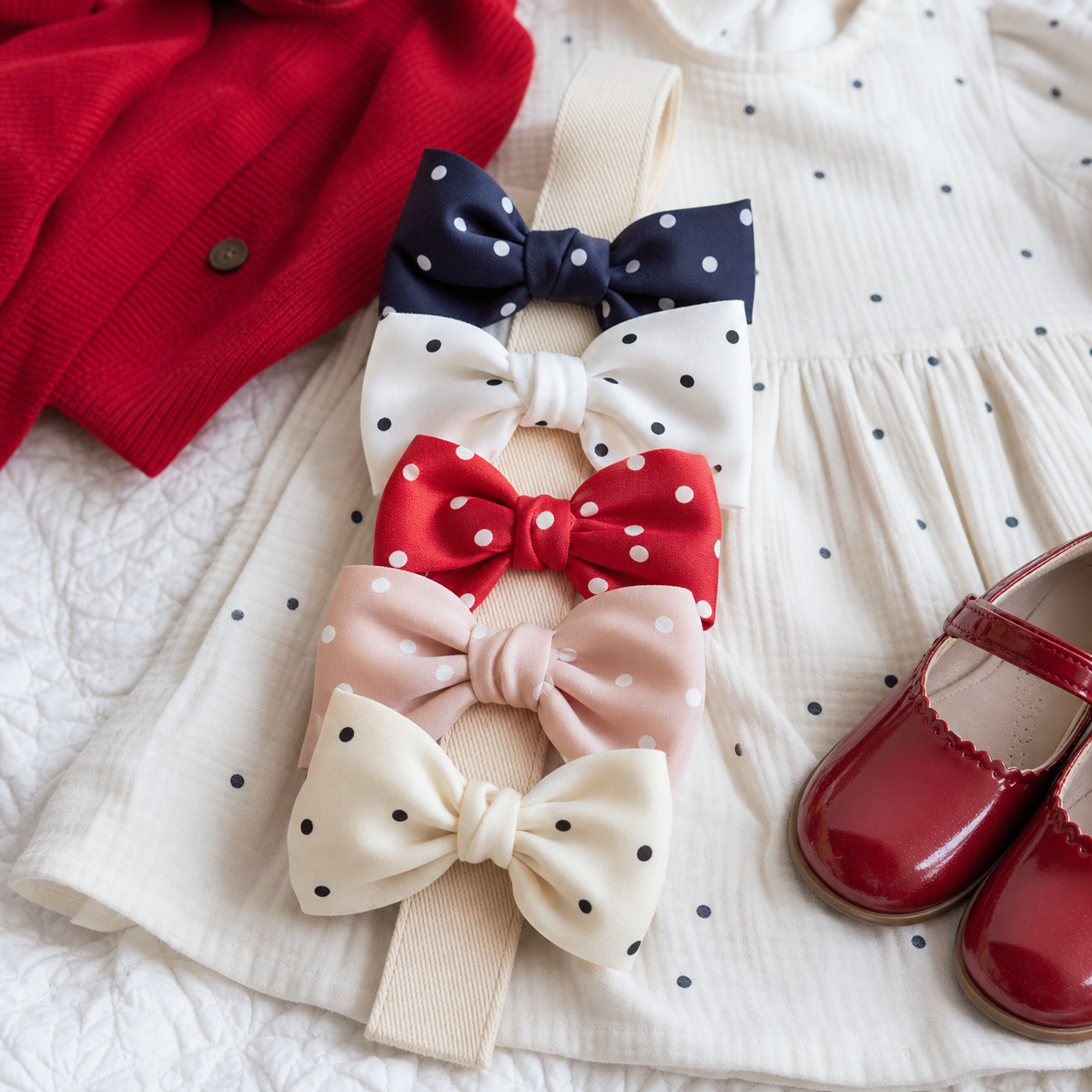 Lazos infantiles de lunares en varios colores junto a vestido blanco y zapatos rojos