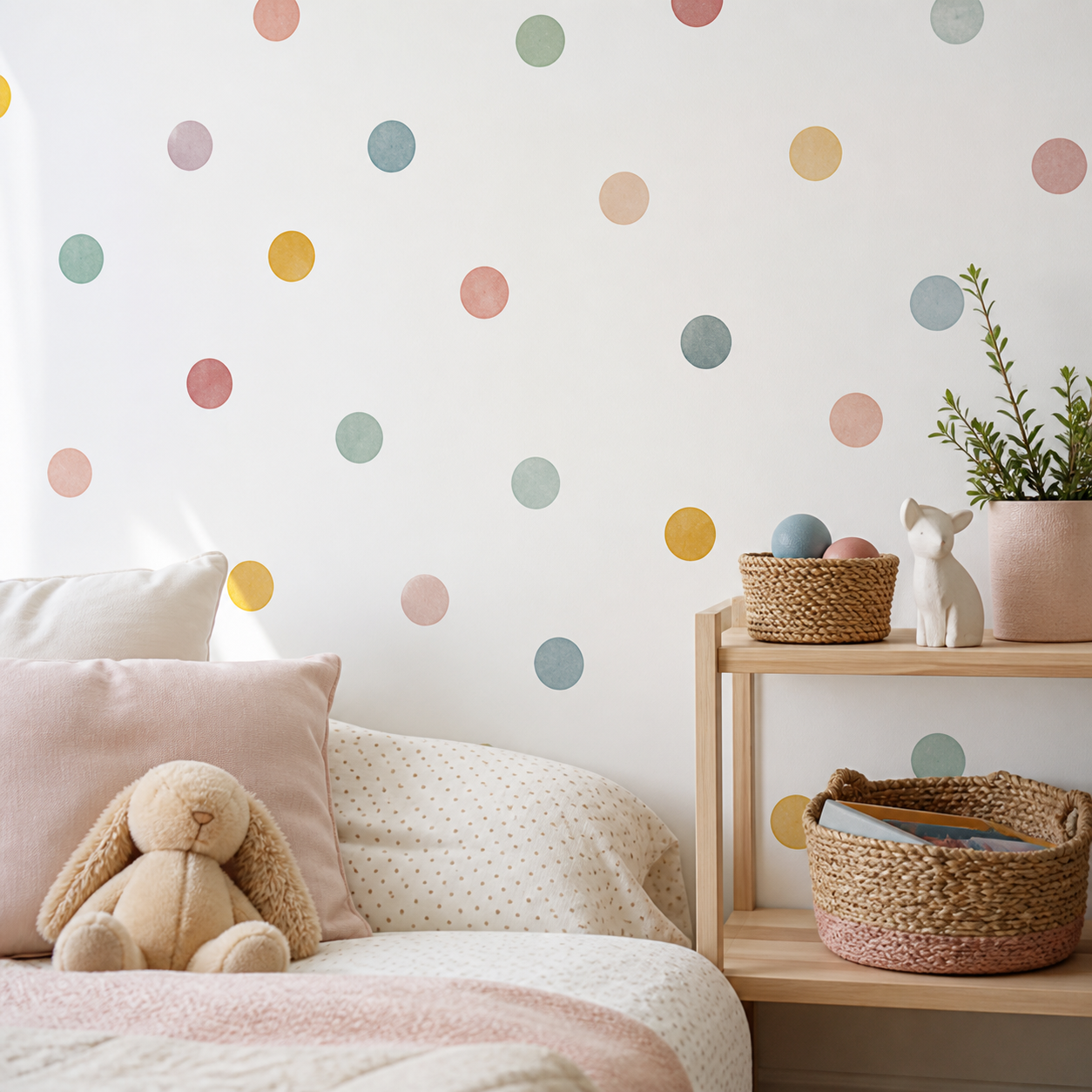 Habitación infantil con vinilos de lunares acuarela en tonos suaves