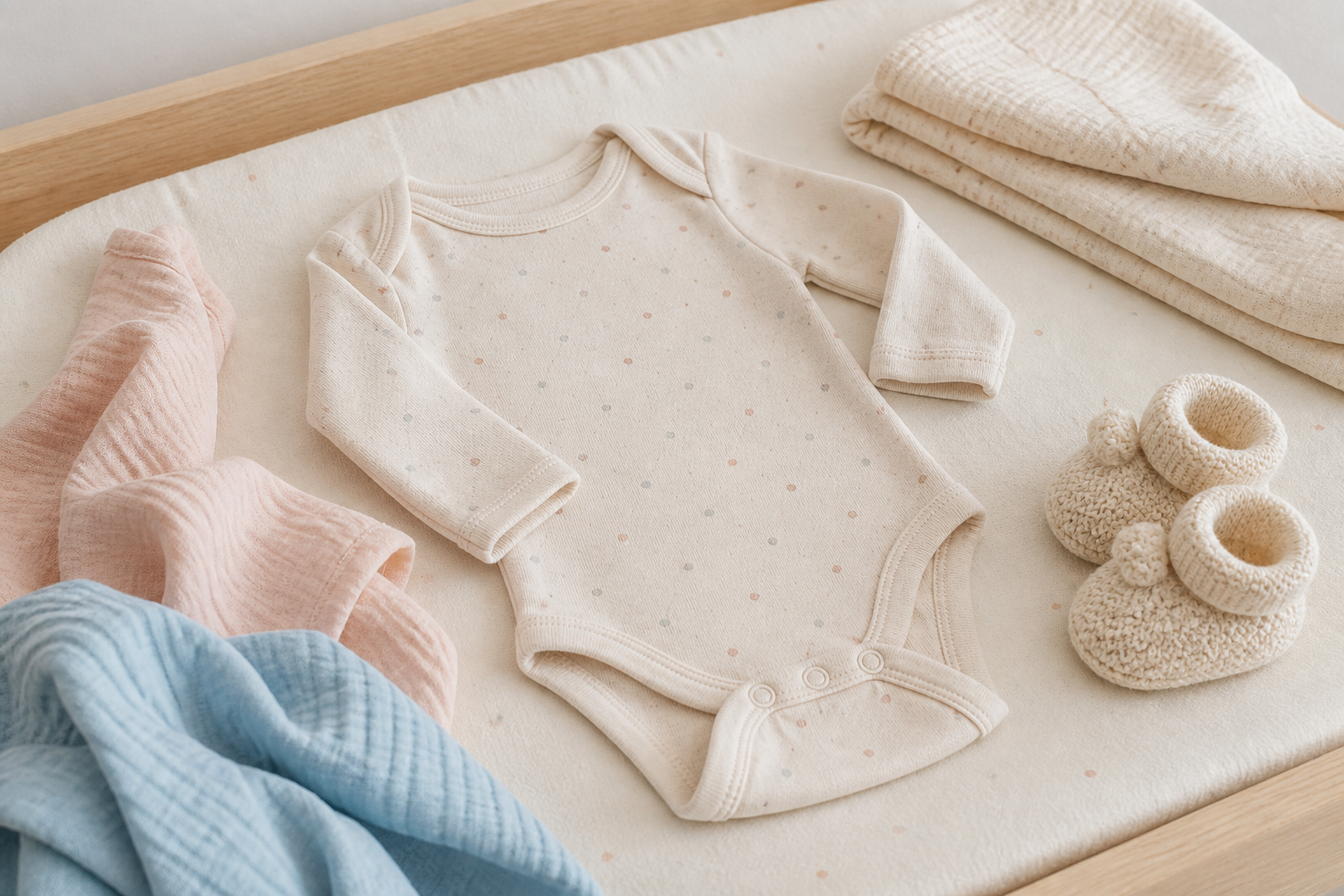 Body de bebé crema con lunares suaves, muselina, patucos y manta ligera