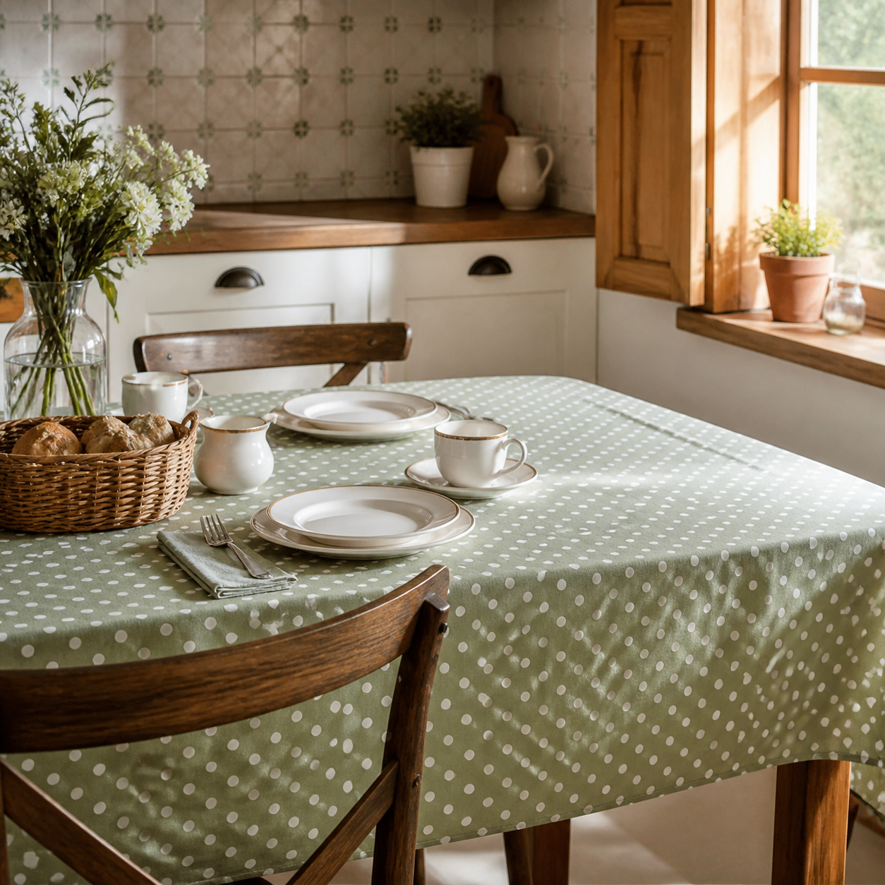Mantel verde salvia de lunares blancos en una cocina luminosa con vajilla sencilla