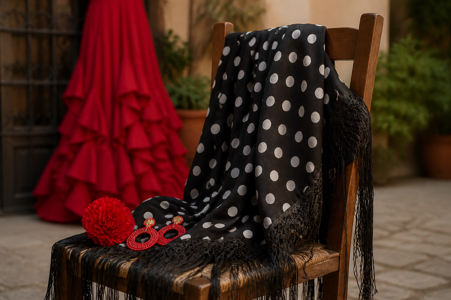 Mantoncillo negro de lunares blancos con flecos sobre una silla de madera y vestido rojo al fondo