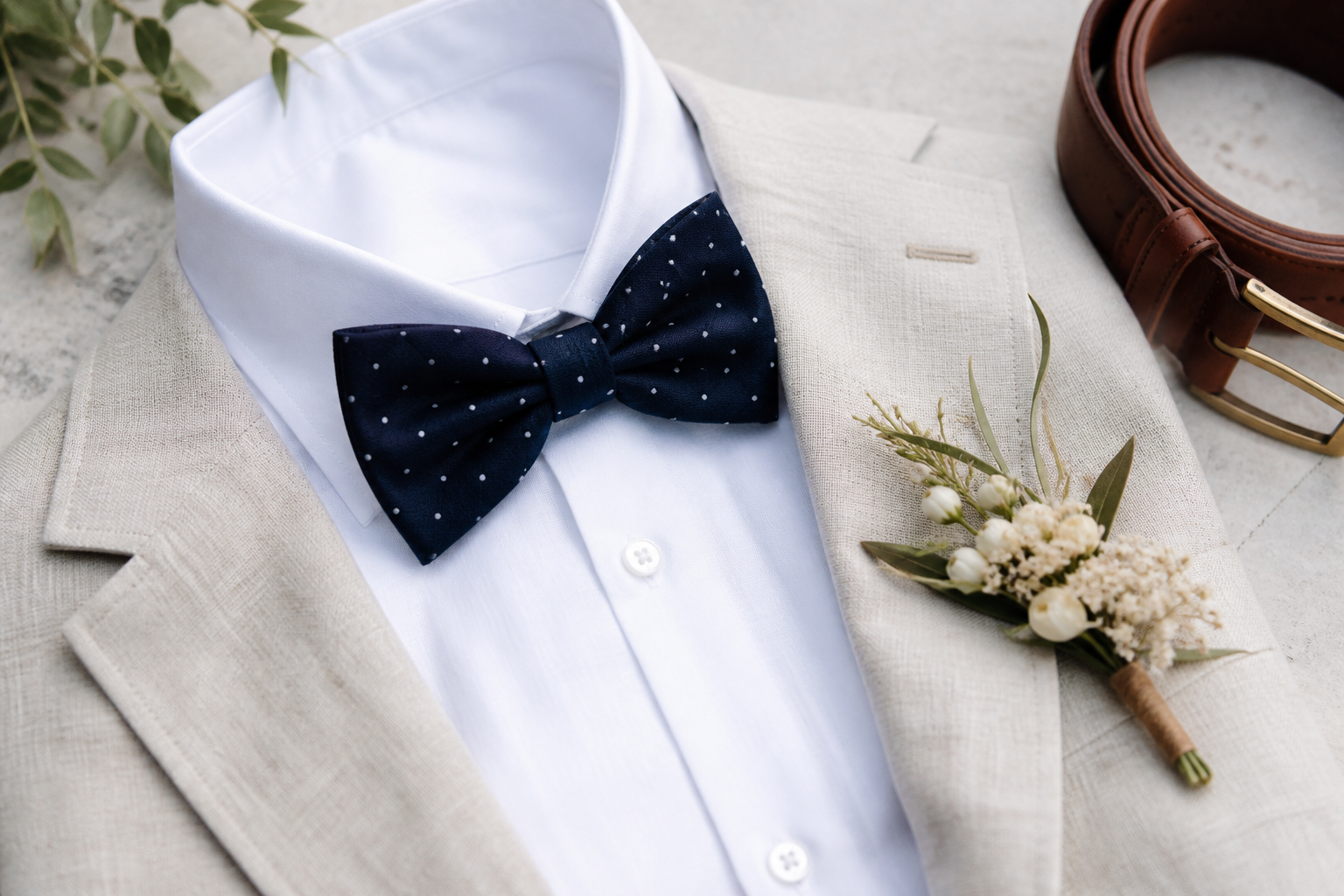 Pajarita azul marino con pequeños lunares blancos sobre camisa y americana clara