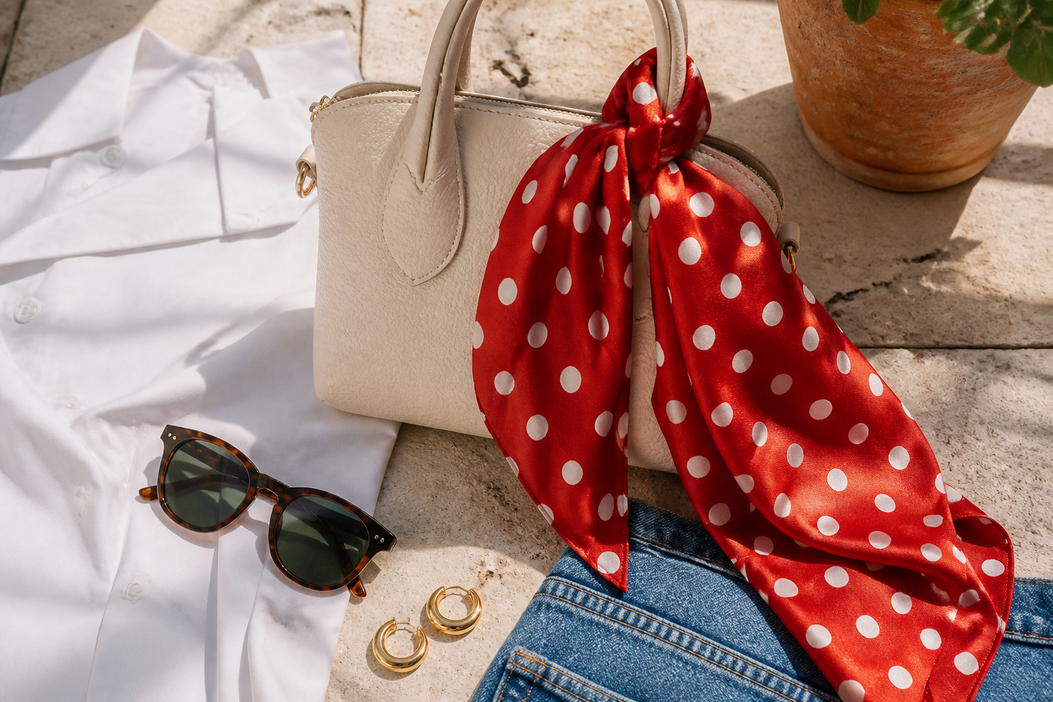 Pañuelo rojo de lunares blancos atado a un bolso crema junto a básicos de verano
