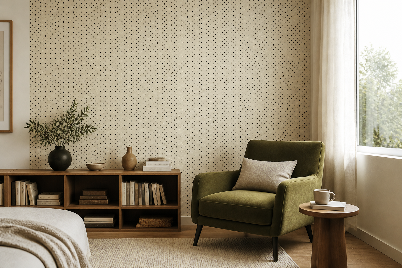 Habitación de lectura con papel pintado beige de lunares negros y butaca verde oliva