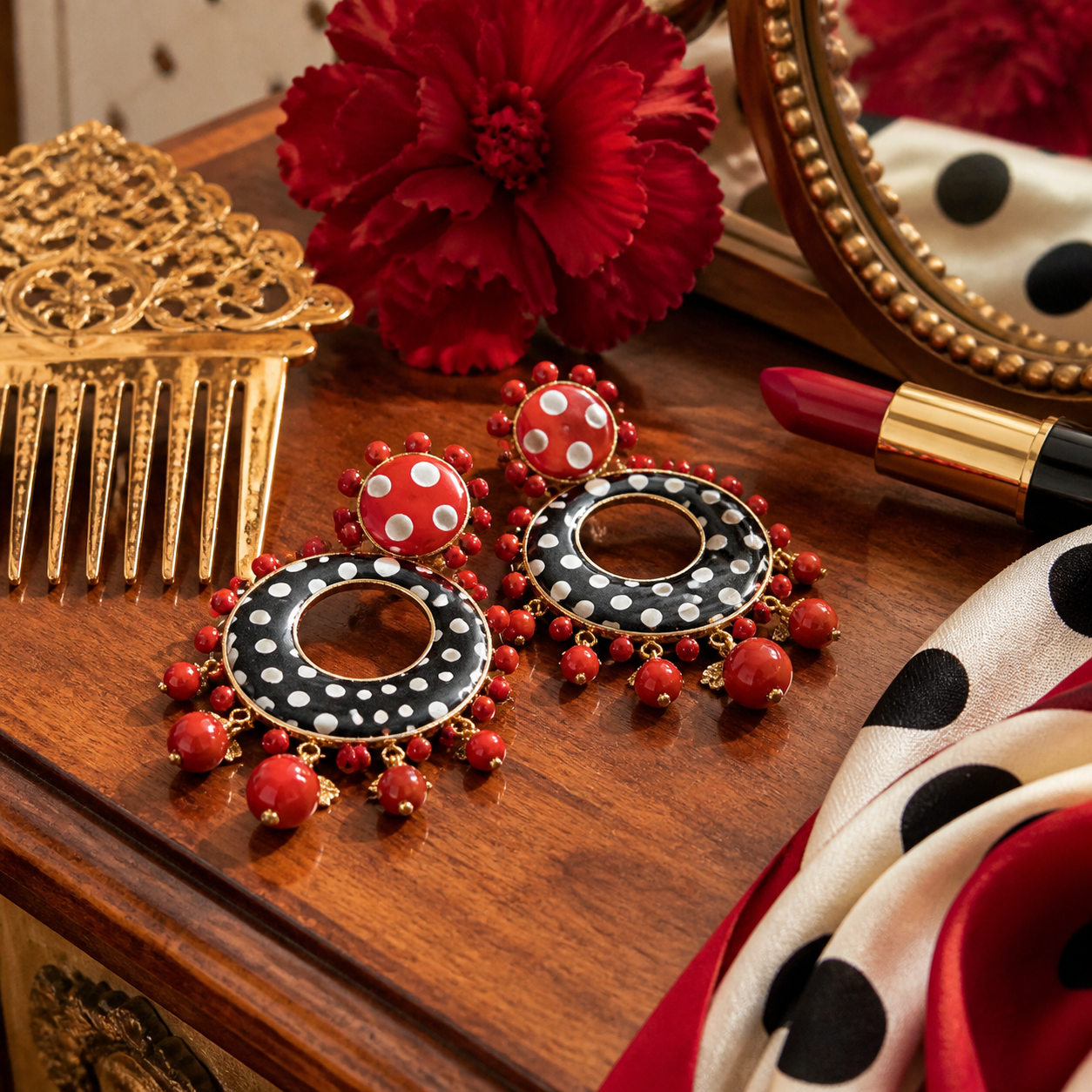 Pendientes flamencos rojos y negros con lunares junto a peineta y flor roja