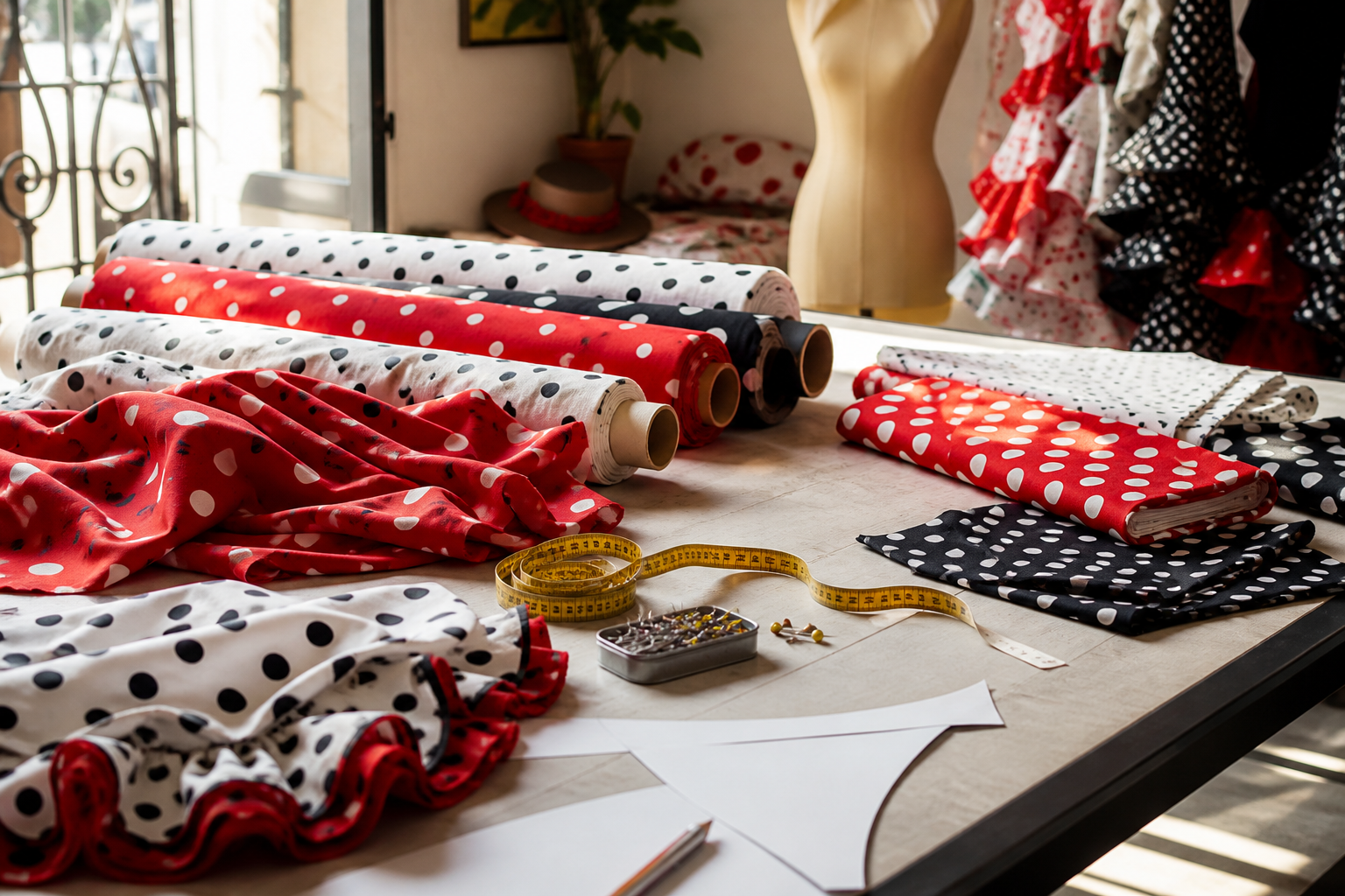 Rollos de tela de lunares para flamenca sobre una mesa de taller con cinta métrica y patrón