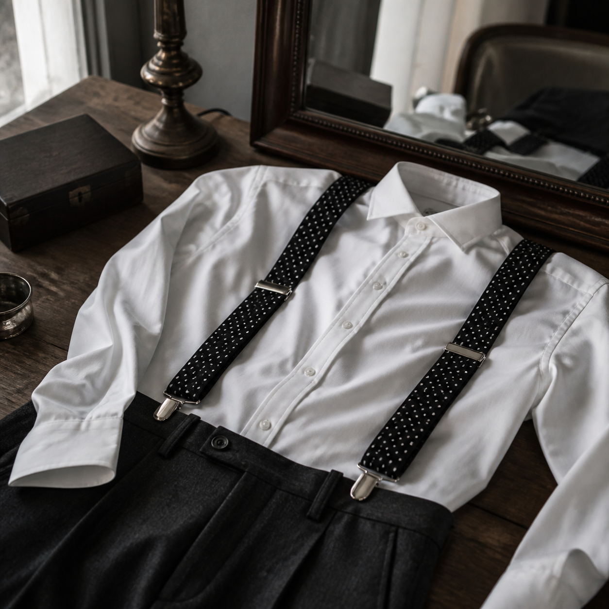 Tirantes negros de lunares blancos sobre camisa blanca y pantalón de vestir