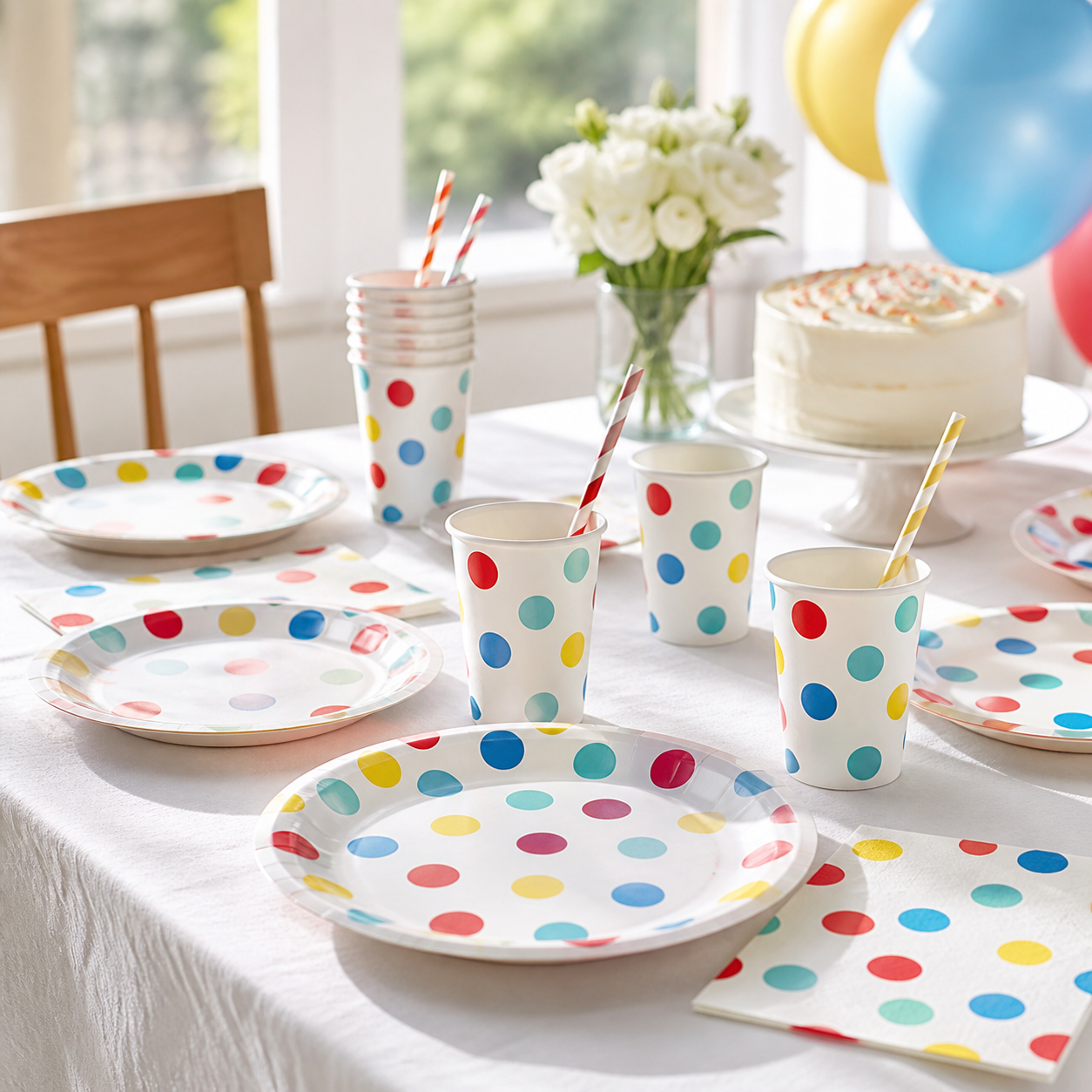 Vajilla desechable de fiesta con lunares de colores sobre una mesa de cumpleaños