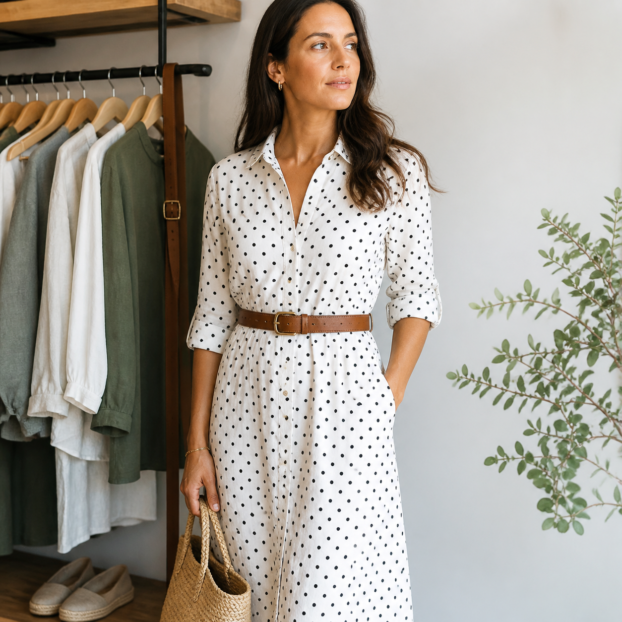 Vestido camisero blanco con lunares negros y cinturón de piel en un vestidor luminoso