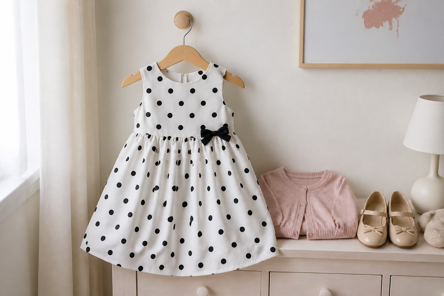 Vestido infantil blanco de lunares negros colgado en una percha junto a chaqueta rosa