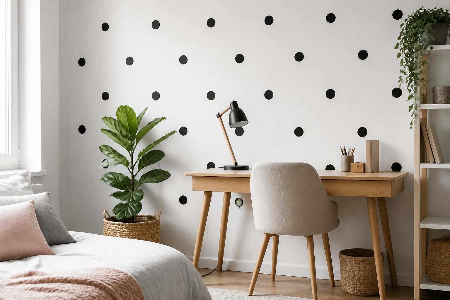 Rincón de escritorio con pared blanca decorada con vinilos negros de lunares