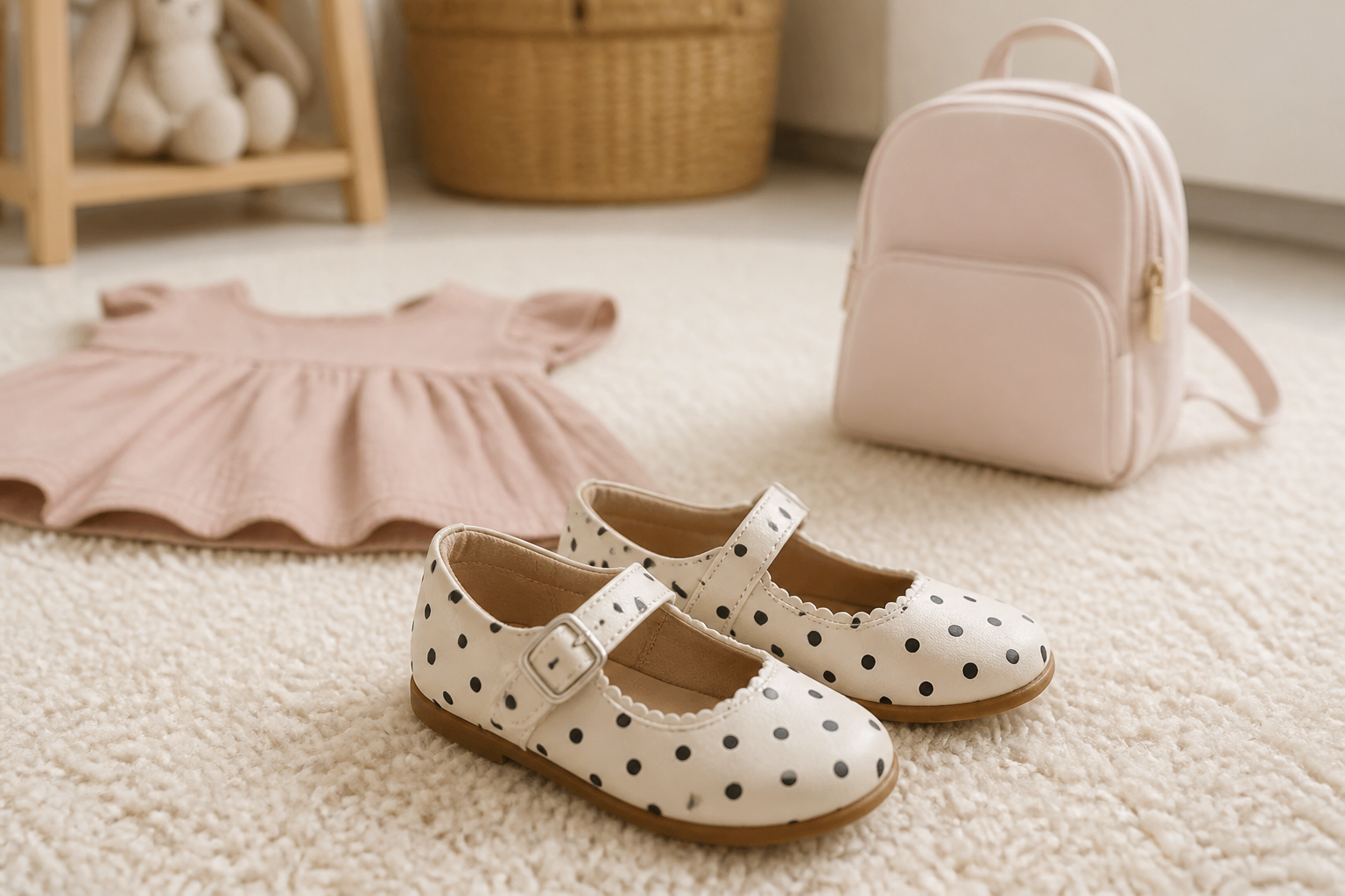Zapatos infantiles blancos con lunares negros y hebilla en una habitación luminosa